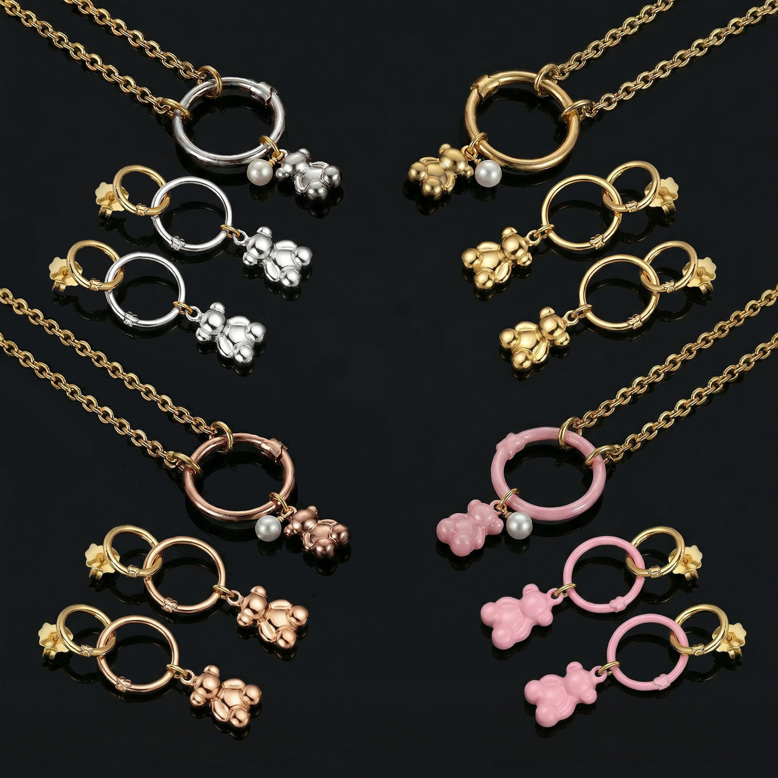 Fashion Women Men Silver Gold Stainless Steel Pink Pruple Green Bear Cartoon Animal Star Moon Heart Chain Hollow Circle Pendant Earrings Sets Spa-image-1102824304