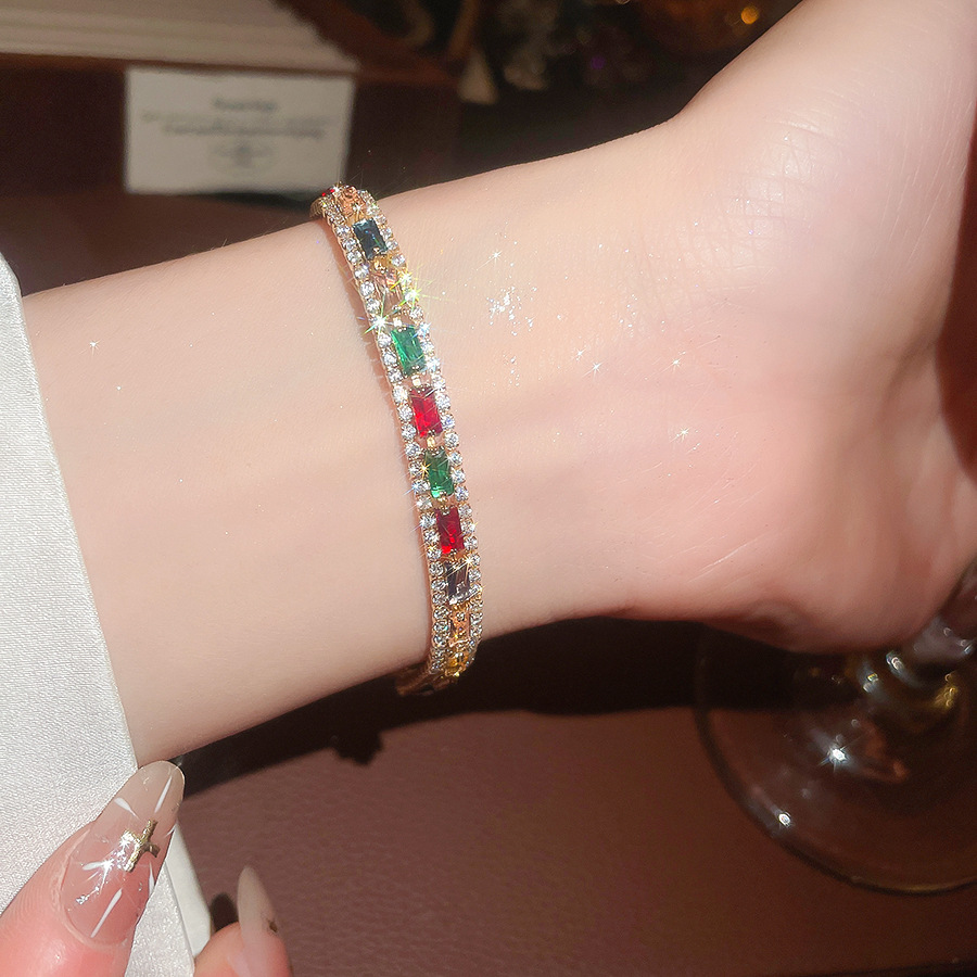 New model inlaid with three rows of colorful zircon tennis hip-hop bracelet, fashionable, simple, light luxury, unisex bracelet-image-1102734666
