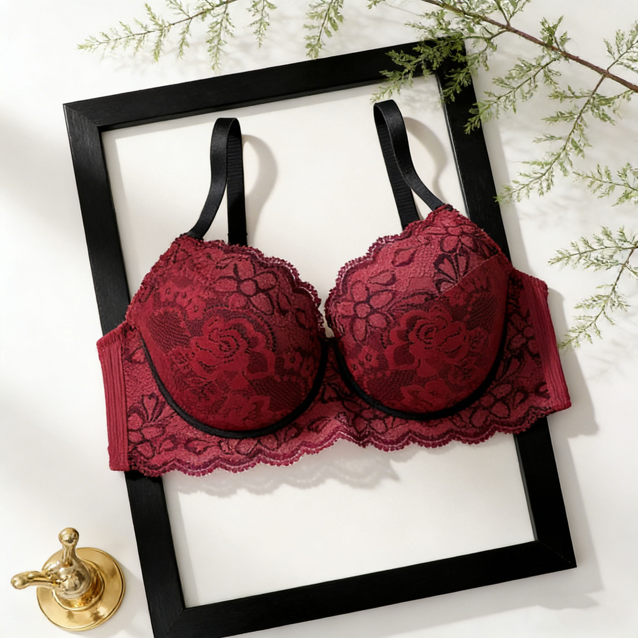 Bras Plus Size Burgundy Rose Lace Push Up Bra Underwire Deep V Plunge Bra with Contrast Trim 2425#-image-1102819950