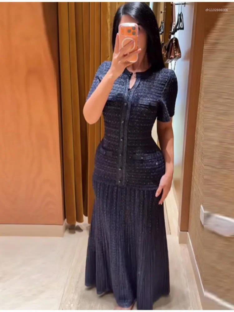 Casual Dresses Cinched Waist Sequin Maxi Dress For Women Round Neck Short Sleeved Knitted 2026 Hollow Out Single Breasted Midi Robe-image-1102765344