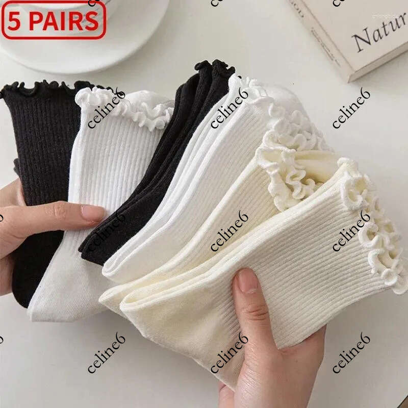 Women Socks 5 Pairs1 Pack Of Womens Spring And Autumn Ruffles Cute Style Cotton Medium Ankle Short Breathable Black White Suit $7