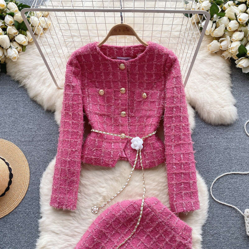 Designer Clothes Fashionable High End Light Luxury Set Women's Winter Woolen Casual Cardigan Jacket Exquisite Slit Mid Length Skirt Check Tweed