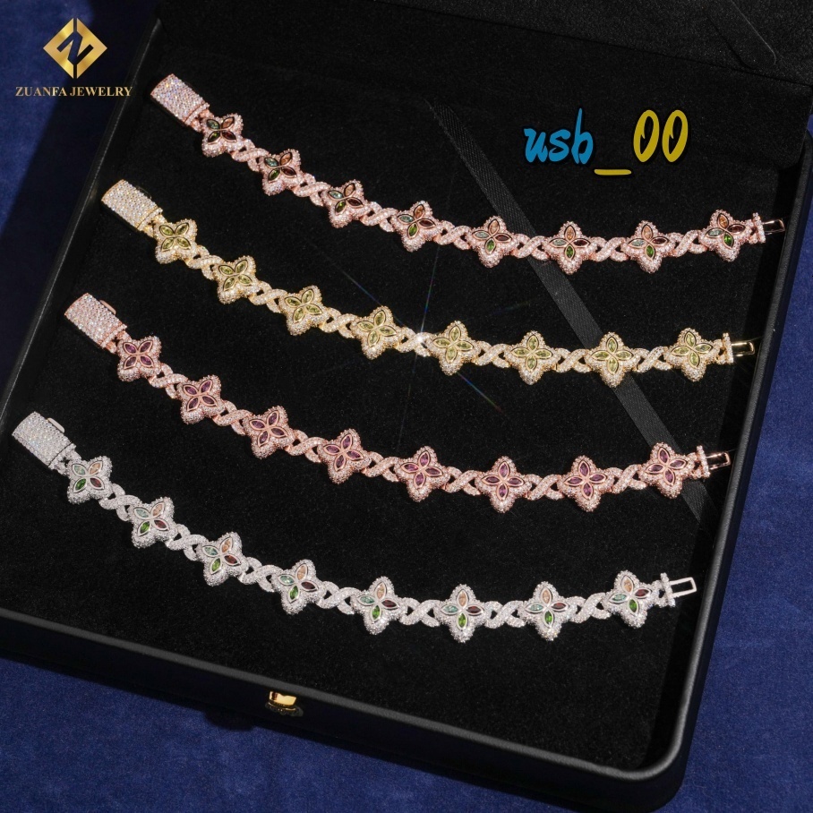 Iced Out Hip Hop Jewelry 15mm Color Moissanite Natural Diamond Flower Chain Infinite Four Leaf Clover Bracelet for Men Women