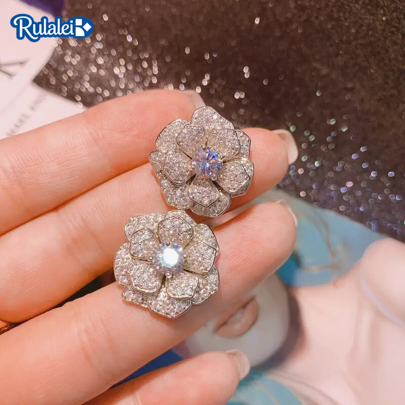 Rulalei Gorgeous Sparkling Stud Earrings Nobel Jewelry 925 Sterling Silver Round Cut White 5A Cubic Zirconia CZ Diamond Daily Wear Women Rose Flower