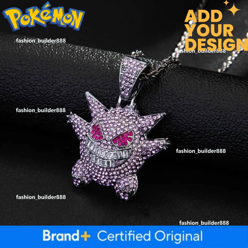 14K Gold Plated Gengar Pendant Necklace, Unisex Anime Cartoon Jewelry with White Diamond Face Accent, Alloy Copper Chain for Daily Outfit - Classic