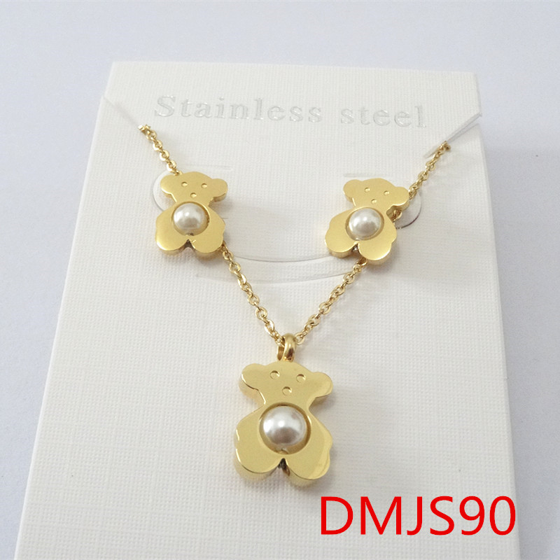 Fashion Women Men Silver Rose Gold Stainless Steel Bear Cartoon Amimal White Pearl Star Heart Pendant Necklace Earrings Sets Jewelry-image-1102817440