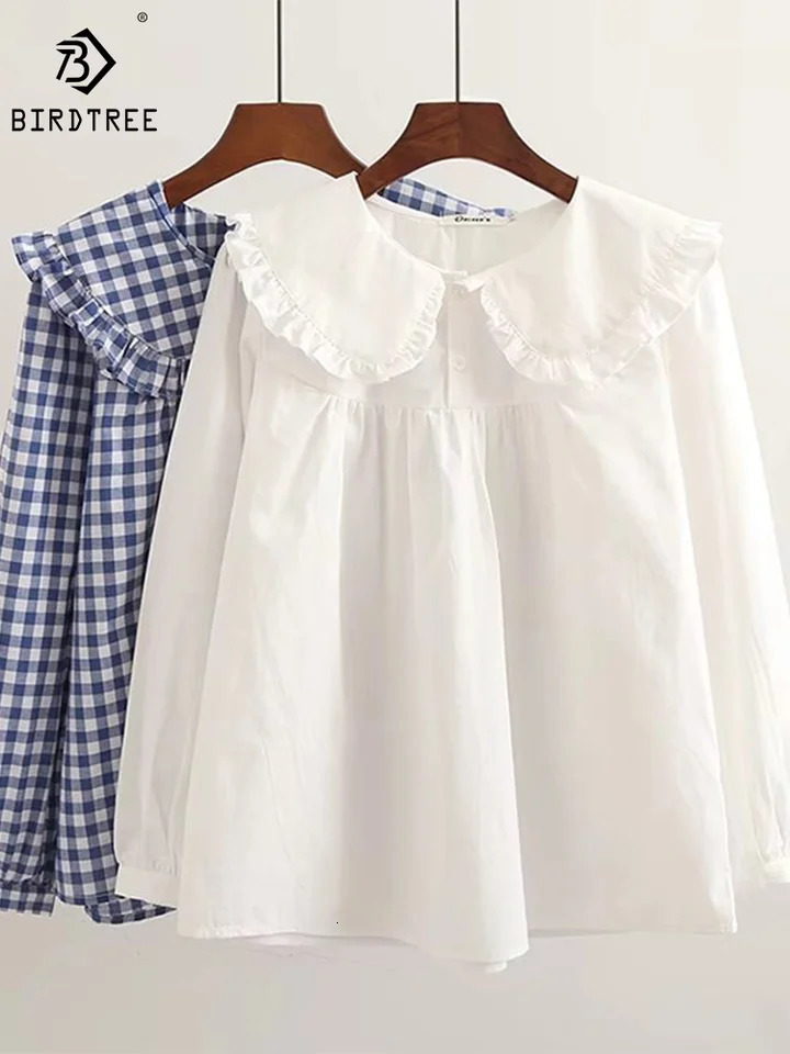 Autumn Cotton White Shirts Women Student Sweet Tops Girl Peter Pan Collar Plaid Casual Cute Loose Blouses Spring T39132QM 260422BJ
