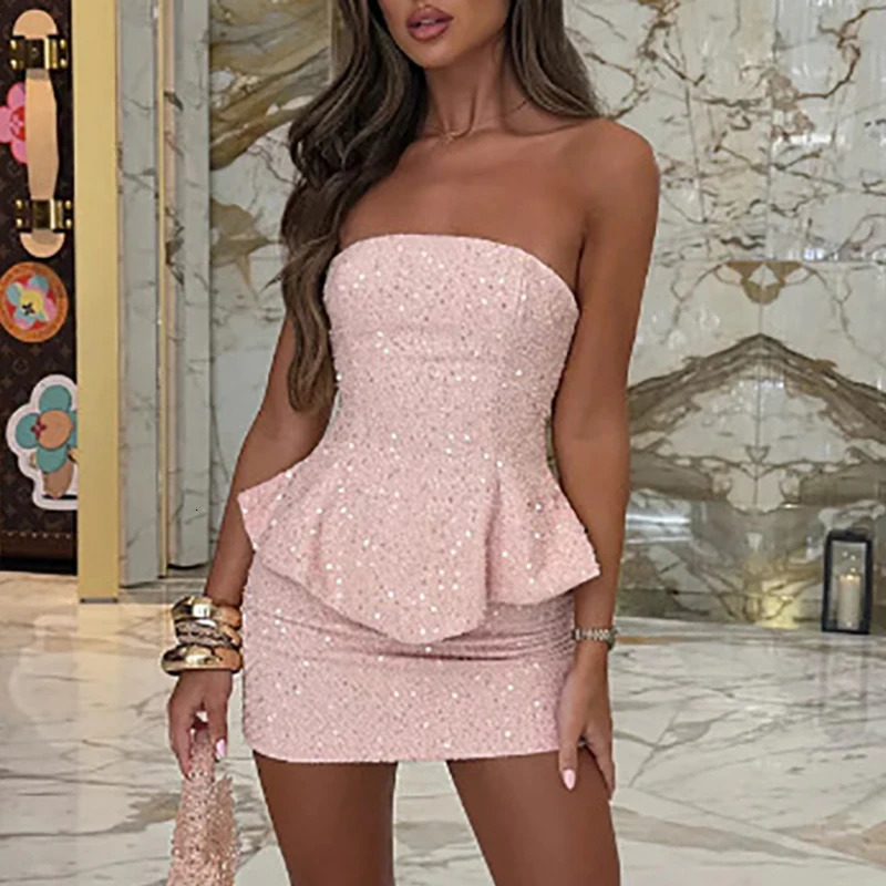 Lady Temperament Slim Off Shoulder Set Shiny Sequins Sleeveless Club Party Suit Elegant Solid Color High Waist Mini Skirt Outfit 260420banjia