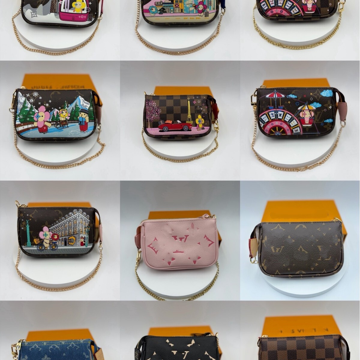 2026 Designer Style Multi Pochette Accessoires Bag Monogram Canvas Mini Shoulder Bag with Holiday Themed Prints Gold Chain Strap Casual Crossbody Ba