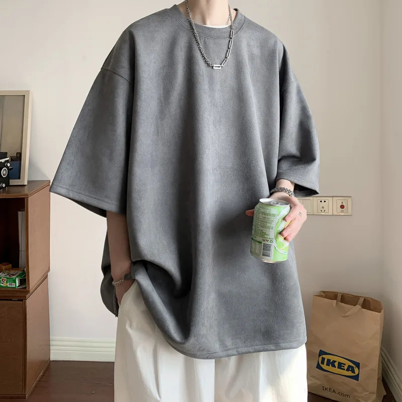 Summer Short Sleeved Tshirt Men Fashion Solid Color Round Neck T Shirt Streetwear Loose Suede Mens Top M3XL 260421banjia