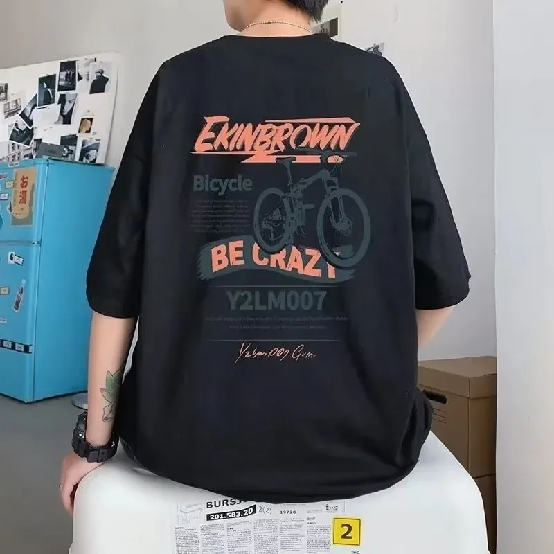 M8XL Men Oversized Korean Fashion Loose American Vintage Bicycle Letter EKN Print Short Sleeve Versatile Trend Couple Outfit 260420BANJIA
