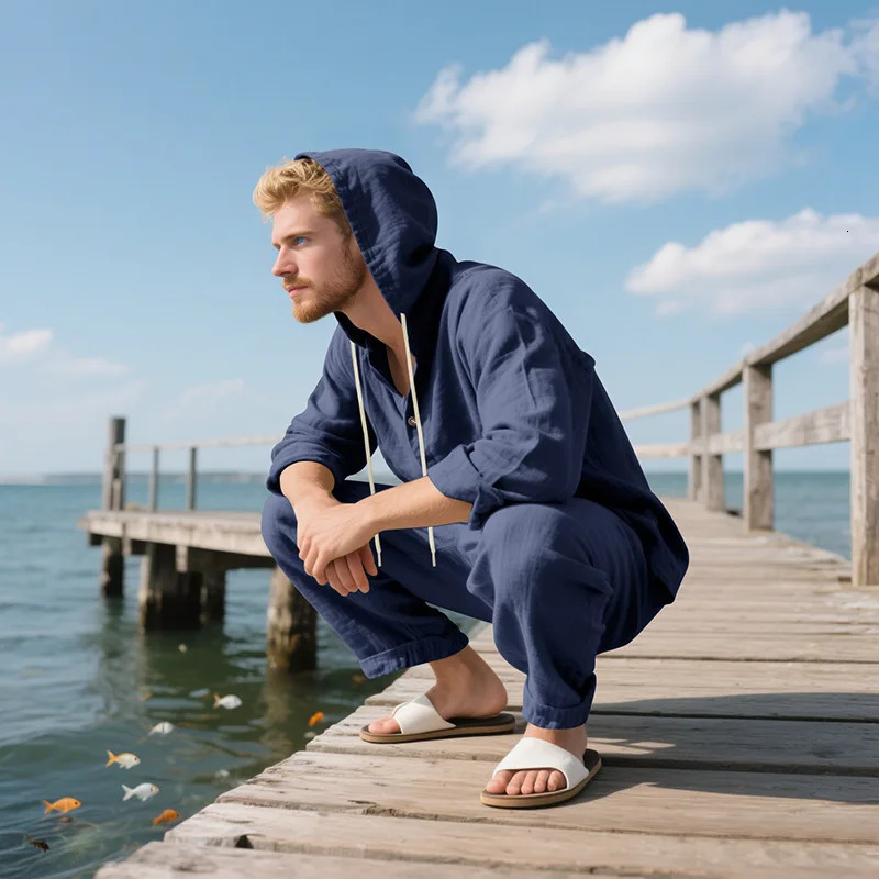 Spring and Autumn style loose mens hoodie set linen material beach casual twopiece suit 260420BANJIA