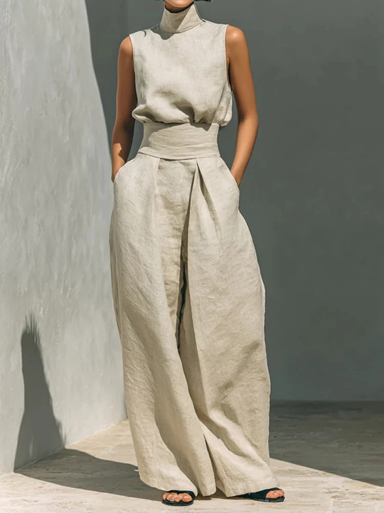 Casual Sleeveless Pocket Outfits Fashion Turtleneck Pullover Top Pant Summer Sets Elegant Cotton Linen Solid 2Pc Suit 260420banjia