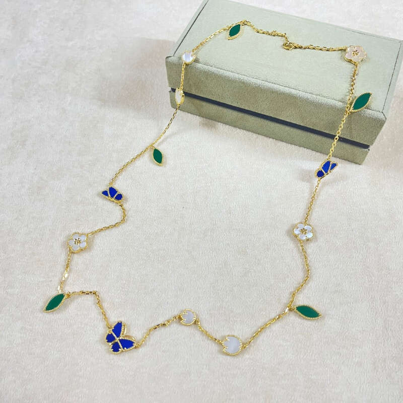 2026 New High-Quality Blue Butterfly Agate Floral Pattern Long Necklace Women Fashionable Unique Classic Retro Simple Necklace Luxurious Jewelry Cha