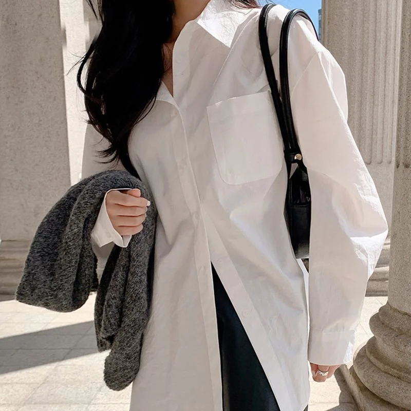 Elegant and pure-colored summer shirt versatile and loose-fitting fashionable cotton long-sleeved womens shirt with a la 260422BJ