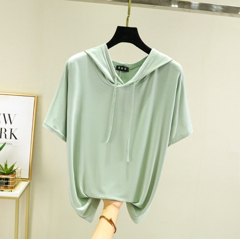 A522 T-shirt fin Modal grande taille pour femmes, sweat-shirt d'été à capuche et manches courtes de couleur unie