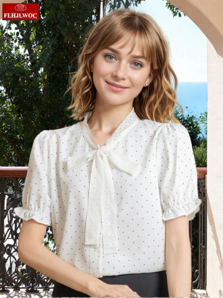 Chiffon Shirts Cute Sweet Girls Summer Short Sleeve Office Lady Basics White Lace-Up Polka Dot Bow Tie Tops Blouses 260422BJ