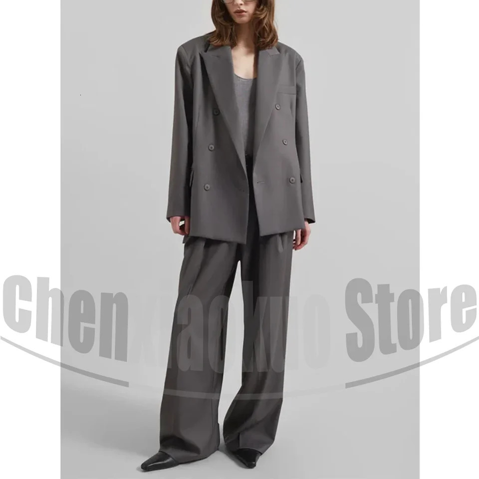 Womens Gray Oversized Suit Set Double Breasted Lapel Outfit Fashion Streetwear Style Casual Formal Pants Suits 2 Piece 260414BJ