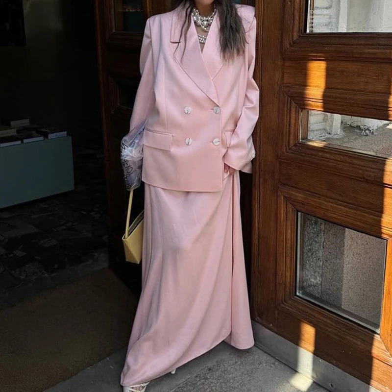 Office Fashion Temperament Solid Outfits Elegant Lapel Button Blazer Coat Long Skirt Suit Casual Sleeve Commute 2Pc Sets 260420banjia