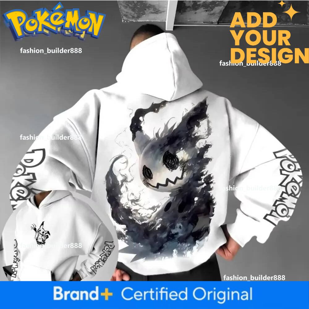 Mimikyu Graphic Print Oversized Cotton Blend Hoodie, Men's Long Sleeve Anime Hooded Sweatshirt, Casual Daily Outfit, O-Neck Pullover