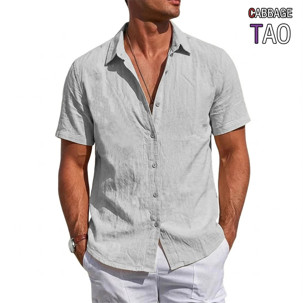 Mens Daily Cotton Linen Short Sleeve Tees Casual Solid Color Lapel Shirts Summer Breathable Hawaiian Tops for Modern Men 260420BANJIA