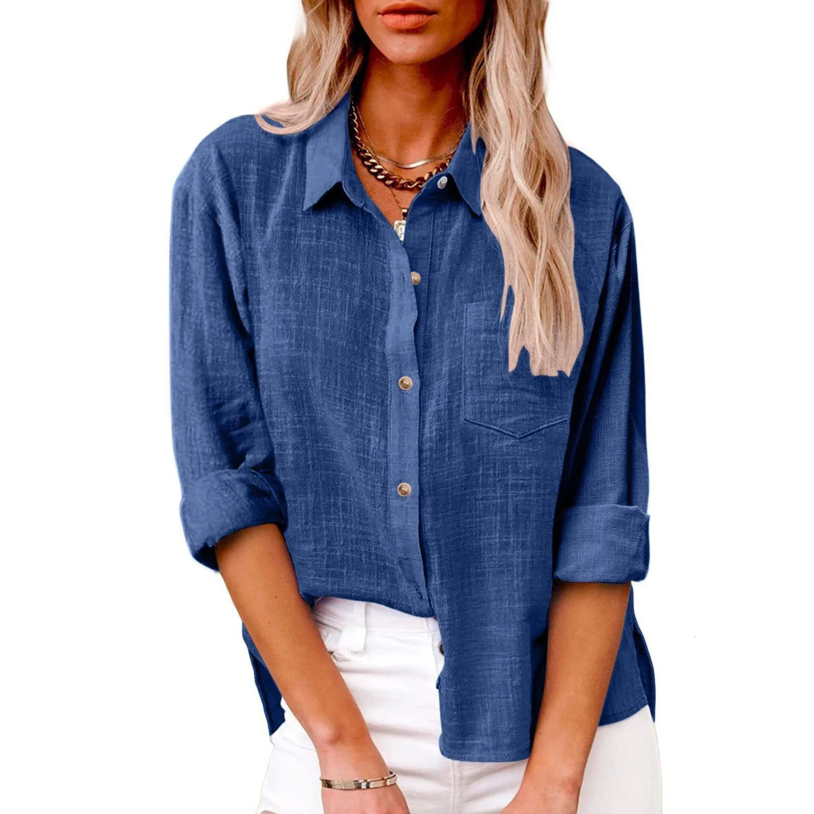 Womens Fashion Solid Color Cotton and Linen Shirt Autumn Long Sleeve Button Loose Casual Large Size 260420BANJIA