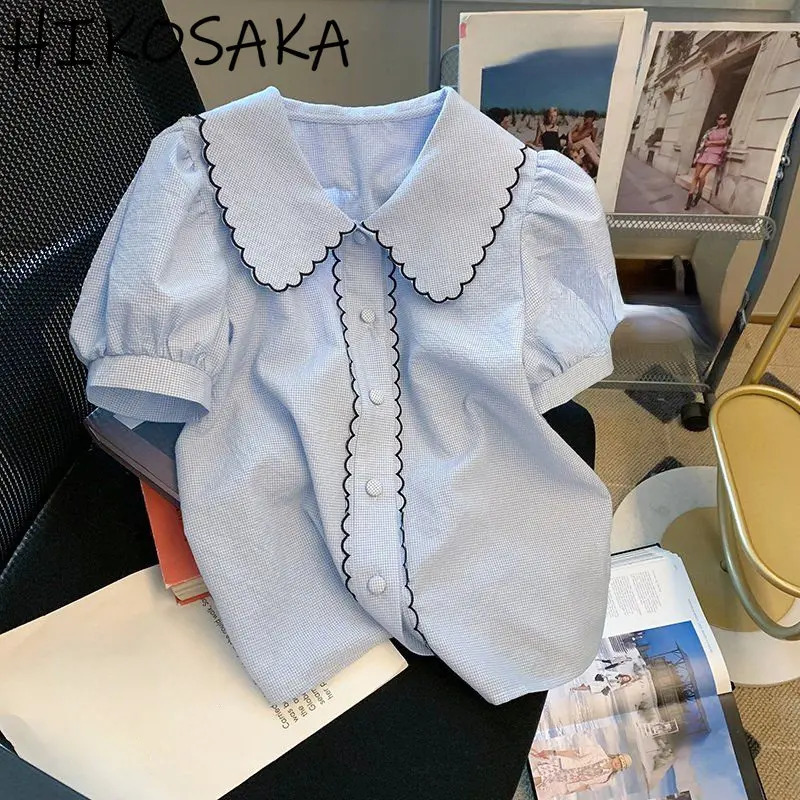 Sweet Lace Peter Pan Collar Blouse Shirts Women Summer Single Breasted Short Sleeve Ladies Tops Vintage Plaid Blusas 260422BJ