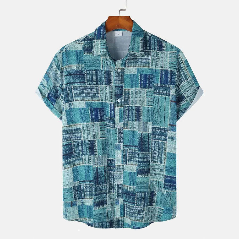Mens Summer Short Sleeve Shirt Vintage Patchwork Printed Button Down TShirt Hawaii Fashion Comfortable Lapel 260422BJ
