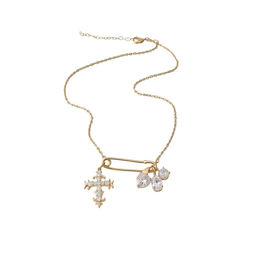 Sweet and Cool Girl's Pin Necklace with Full Diamond Heart Cross Pendant, Women's Niche Light Luxury High-End Neck Sweater Chain Access-image-1102949750