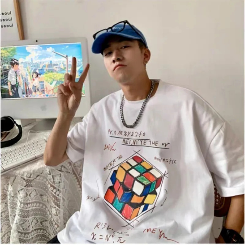 8XL Korean loose fitting fashion trend American retro cube print Tshirt cotton casual mens multifunctional couple set 260421banjia