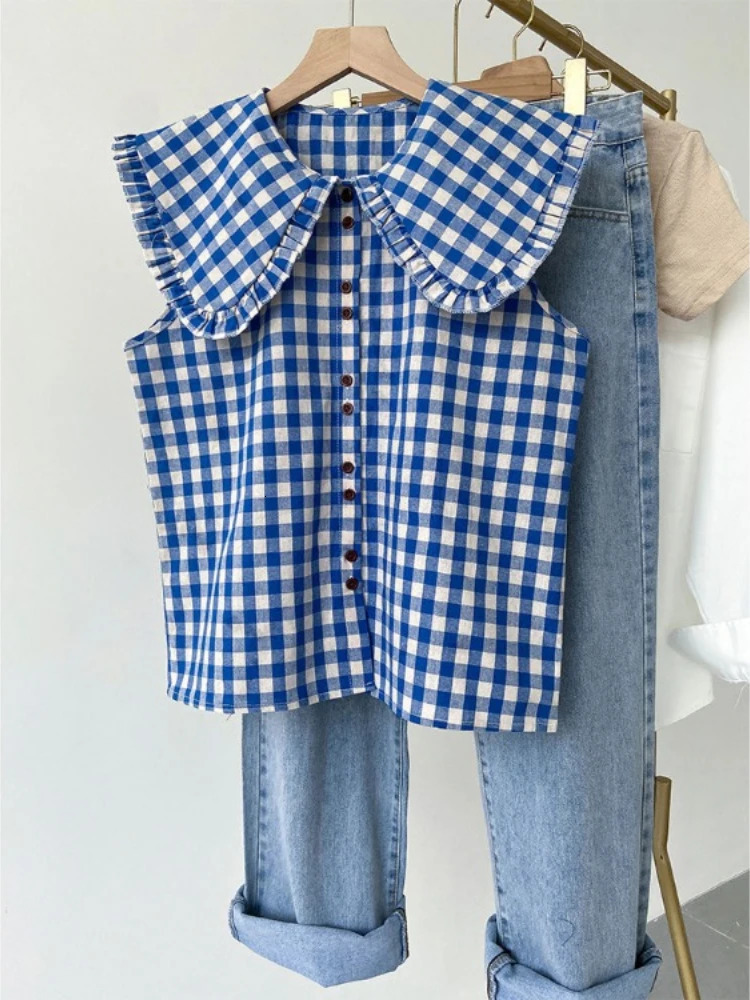 Korobov French Blue Plaid Ruffled Sleeveless Shirt Womens Clothing Summer Loose Blouses Doll Age Reduction Sweet Fashion Top 260422BJ