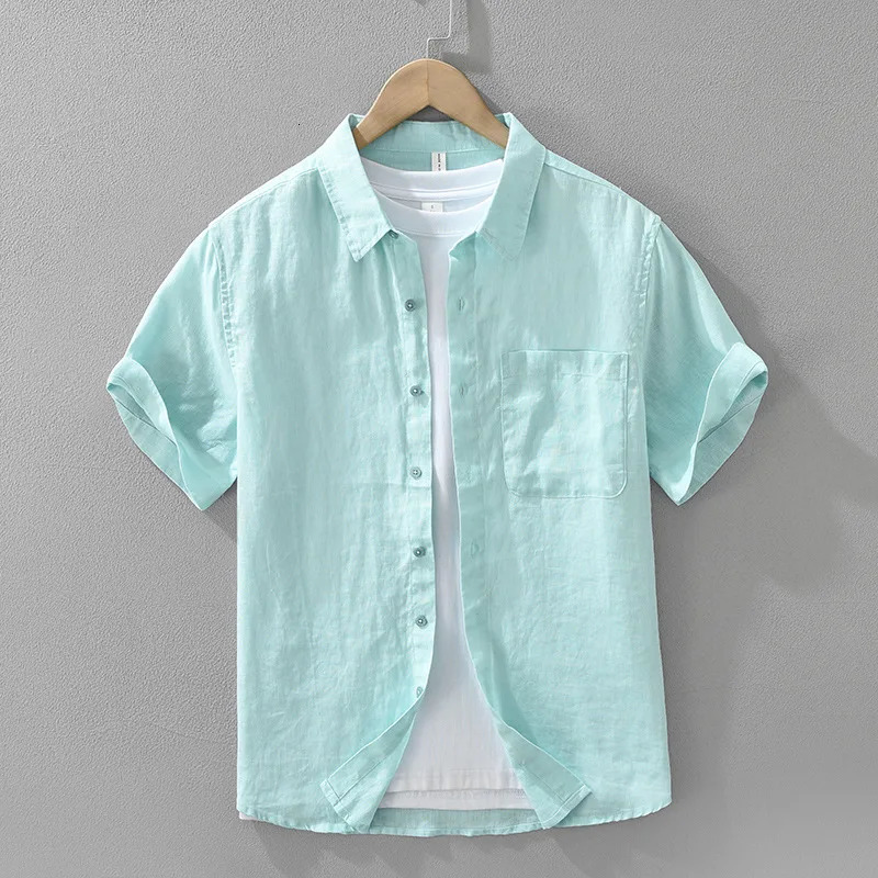 100 Linen Short Sleeve Shirt for Men Breathable Summer Casual Top Minimalist Loose Fit ButtonUp Natural Wrinkle Texture 260420BANJIA