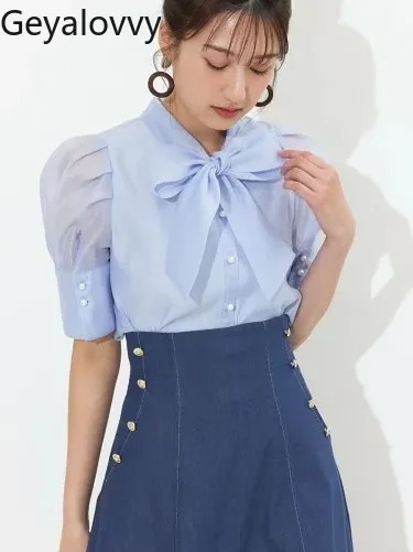 Original Japanese Style Commuting Bubble Short Sleeve Shirt Solid Color Girls Chiffon Top Bow Tie Womens Blouses Summer 260422BJ