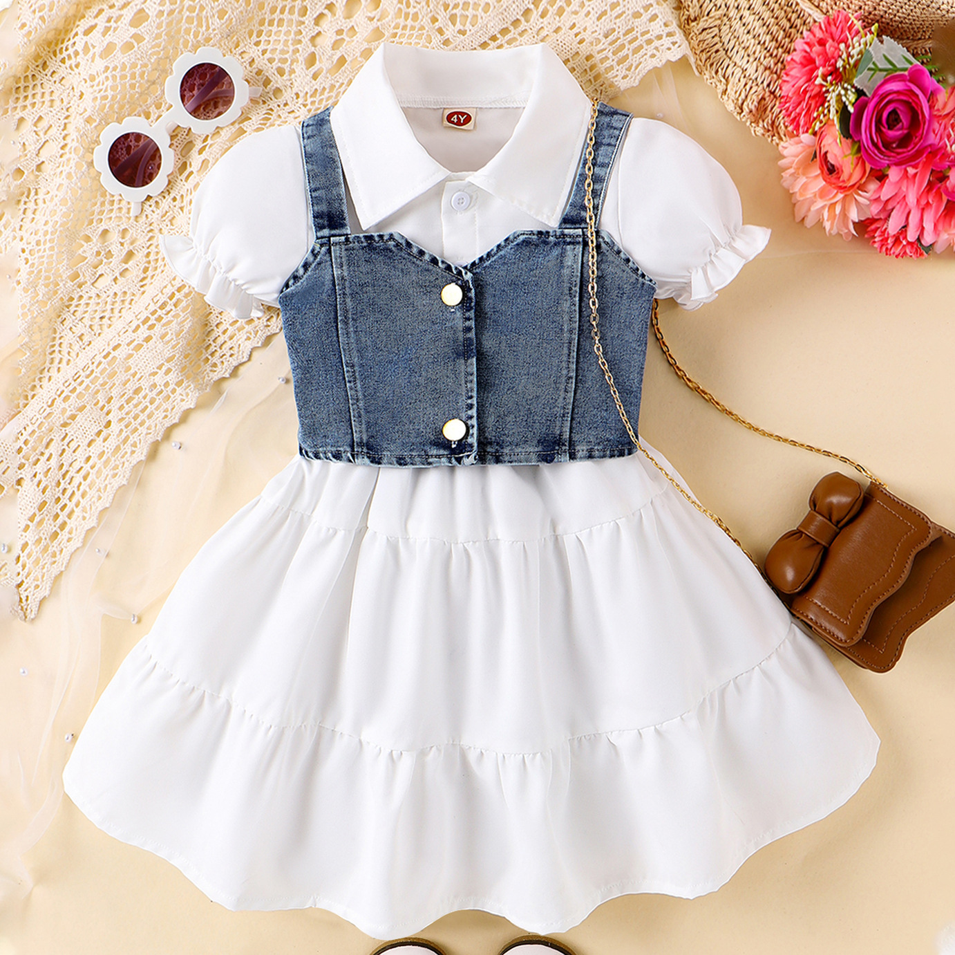 3Y,4Y,5Y,6Y,7Y Kids Girls Clothes Sets Summer Wear Denim Vest+Short Sleeved Shirt Dress Children Girls Two Pieces Outfits Sets-image-1102963572