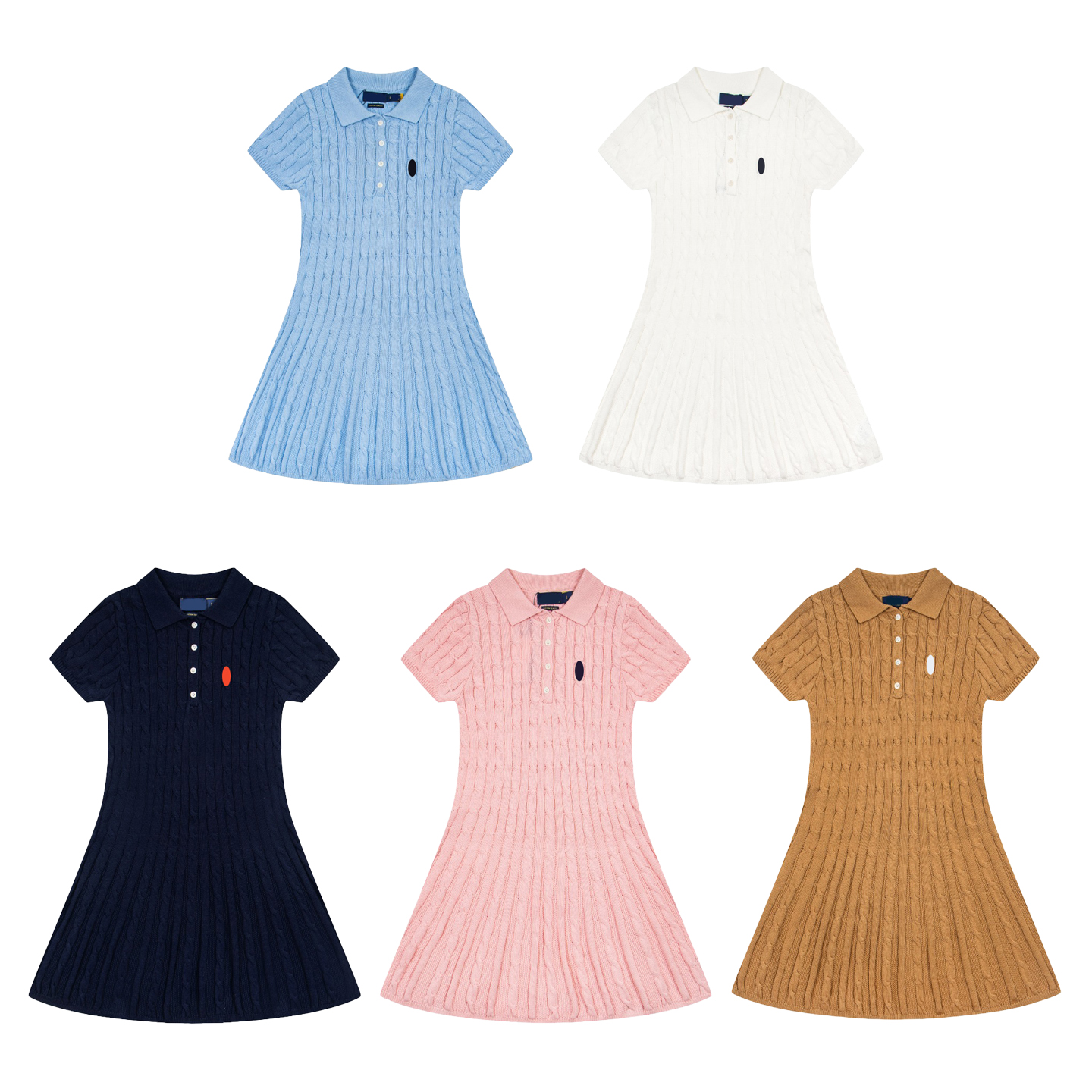 Designer Womens Dress Embroidery Pattern Polo Knitted Dress Female Fashionable A-line Elegant Short Sleeve Dress