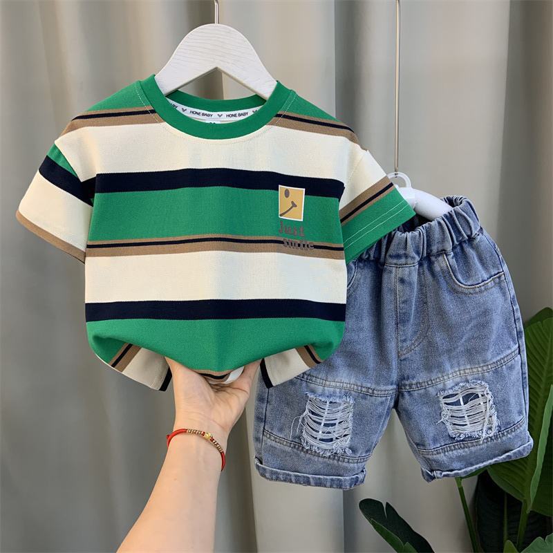 Boys Summer 2026 New Boutique Design Outfits Cotton Set Baby Boys Short Sleeve Shirt Jeans Shorts 2pcs Clothing Children 6 7 8Y Y260623T1L0