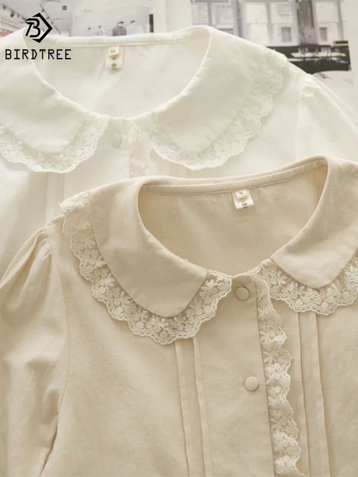 Autumn 100 Cotton White Shirts Women Solid Cute Tops Girl Peter Pan Collar Long Sleeve Chic Lace Blouses Spring T39134QM 260422BJ