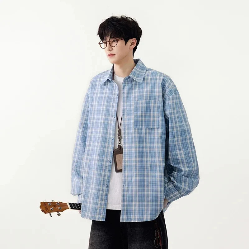 American Style Plaid Casual Mens Longs Leeve Shirt Cotton Blue Printting Lapel Loose Causal Blouse Tops 260420BANJIA
