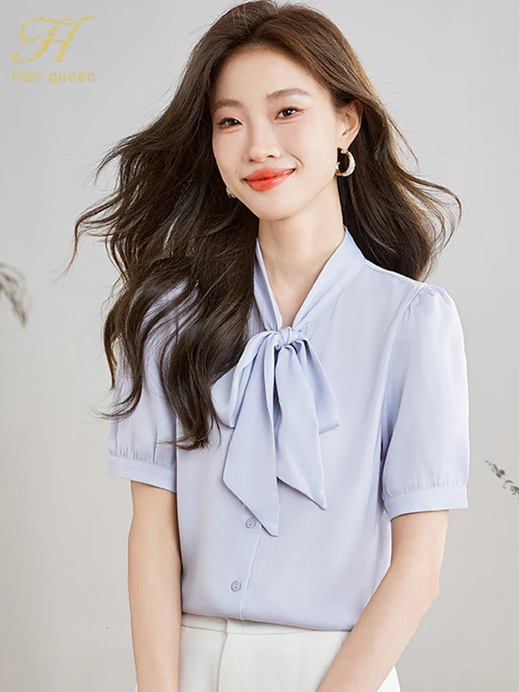 H Han Queen Summer Chic Lace-Up Bow Tops Women Blouse Vintage Work Casual Loose Shirts Professional Short Sleeve Blouse 260422BJ