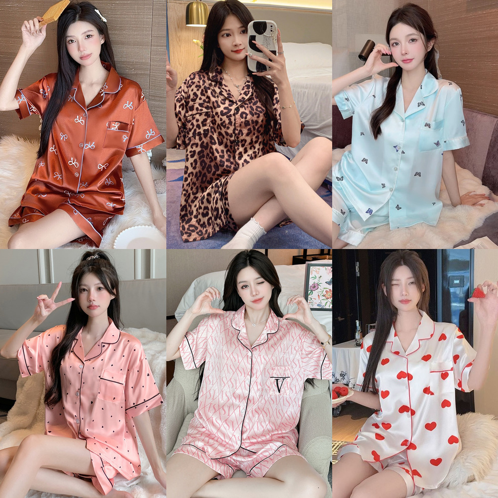 Summer Womens Pajamas Nightwear Two Piece Set Sexy Short Sleeve Ice Silk Thin Style Simple Sweet Live Lace Tops And Shorts Suit Sleepwear Clothes