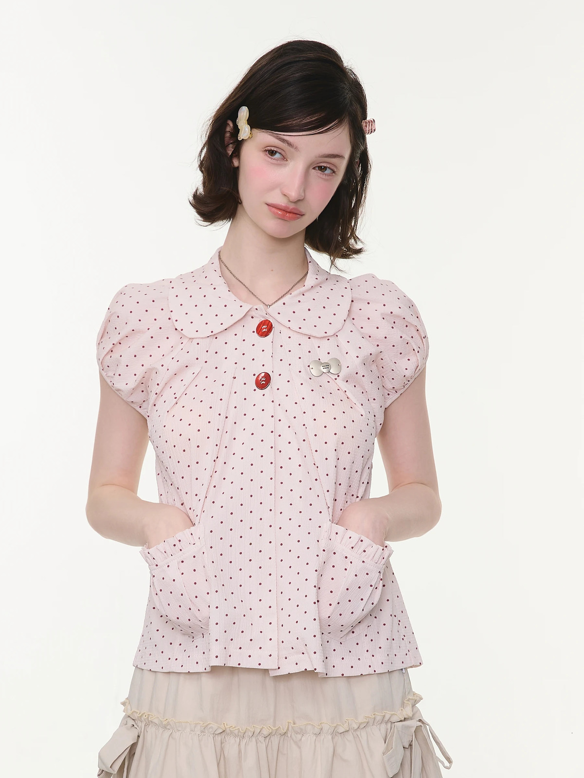 ZiziFei Sweet Star Summer Sle Pink Polka Dot Retro Doll Collar ort Sve Womens irt Casual Loose Fit Blouse 260422BJ