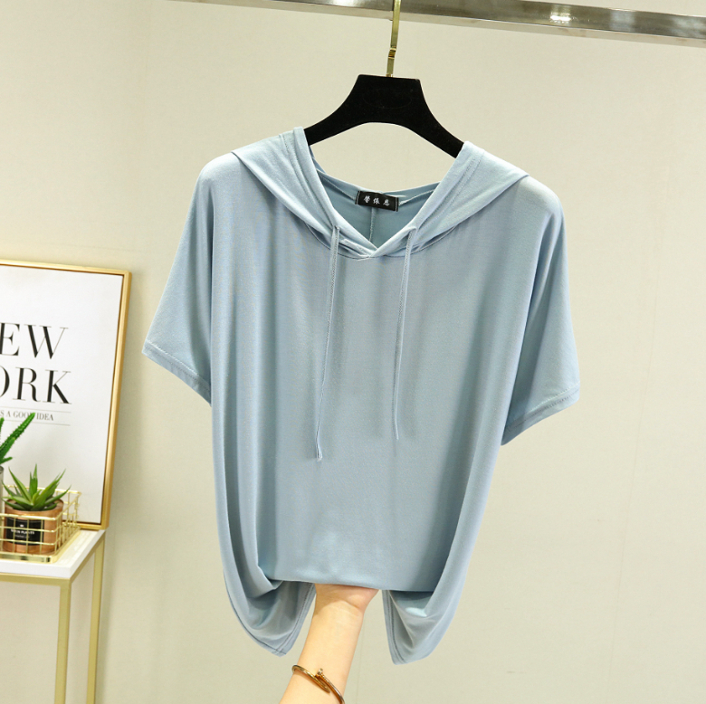 A521 Modal plus-size thin T-shirt for women summer solid color hooded short-sleeved sweatshirt