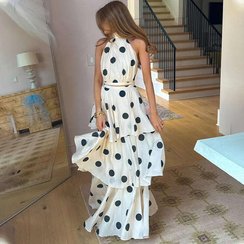 Polka Dots Printing Skirt Suit Female Fashion Halter Neck Sleeveless Top Cake Skirt Womens Suit Summer Holiday Party Set 2026 260422BJ