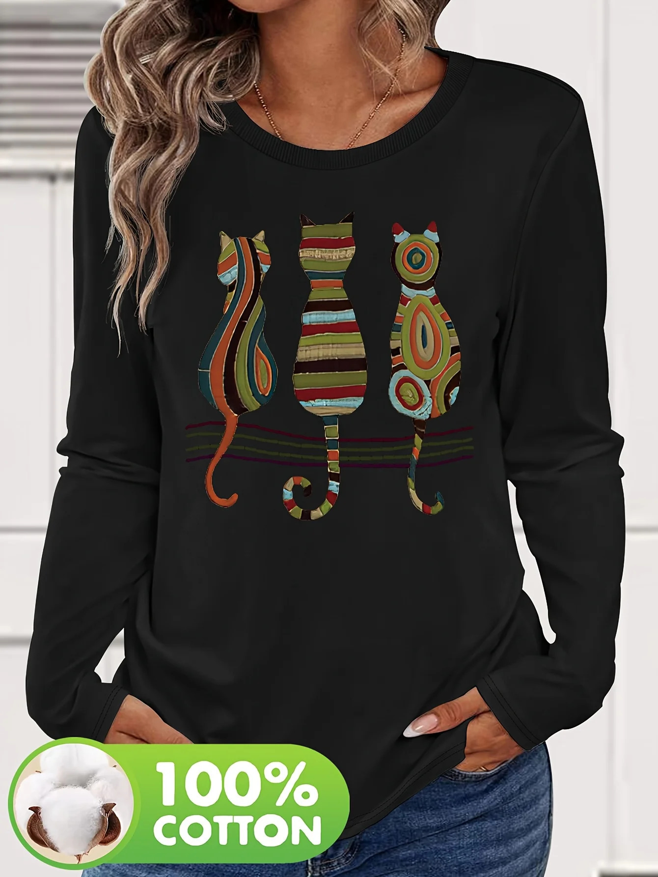 100 pure cotton womens spring and autumn loose casual fashion flower graphic printed long sleeved round neck T-shirt 260422BJ