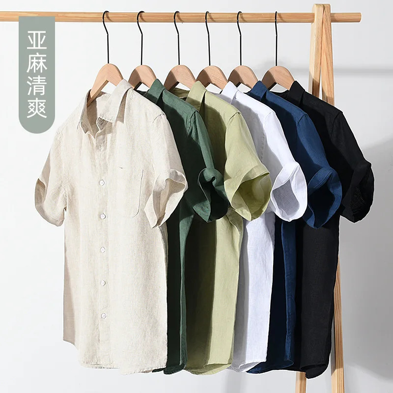 923 100 Linen Mens Summer Fashion Shirt High Quality Solid Color Simple Casual Short Sleeve Blouses Basic Thin Breathable Tops 260420BANJIA