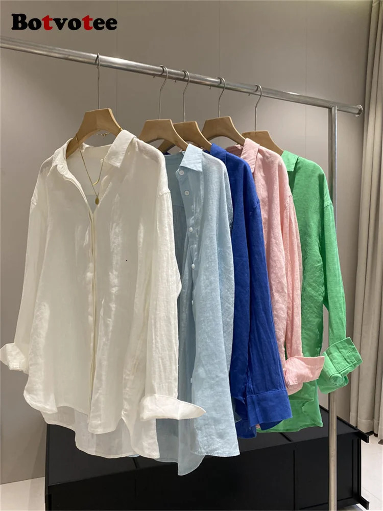 Botvotee Womens White Linen Shirt Lightweight Long Sleeve Elegant Oversize Blouse Vintage Spring Summer Tops Cotton Linen Shirt 260422BJ