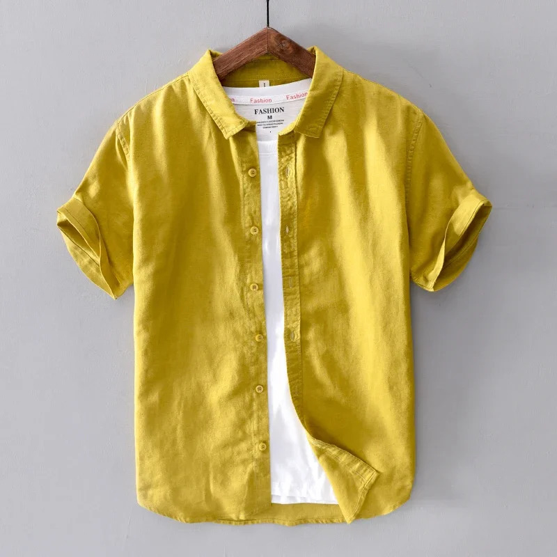 Cotton Linen Short Sleeve Shirts For Men Casual Fashion Yellow Turn Down Collar Tops Male Summer Classic Basic Clothing 260420BANJIA
