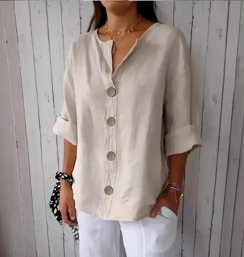 Summer Loose Shirt Womens VNeck Button Top Casual Shirts Solid Fashion Elegant Office Women Clothing Blouse 260423BANJIA