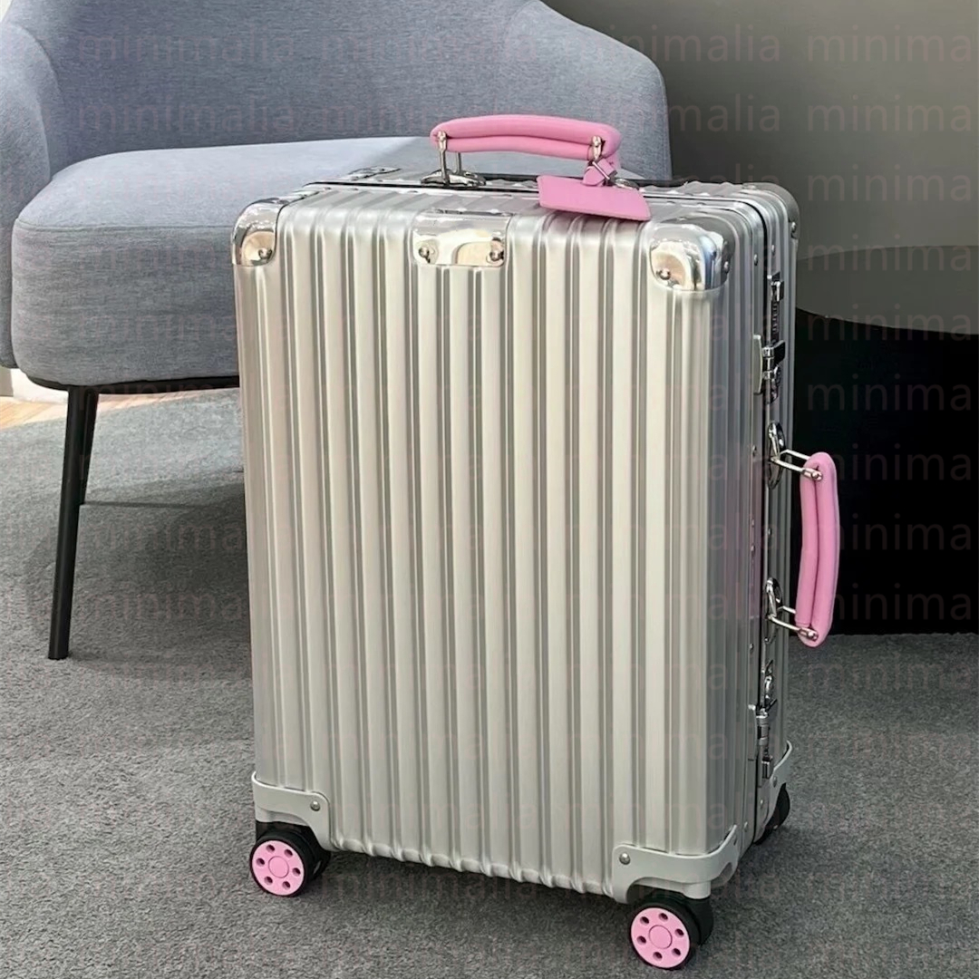 Designer style travel suitcase with classic colored leather handle 972 retro style contrasting aluminum magnesium alloy metal luggage-image-1089083879
