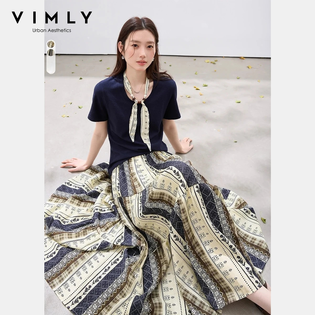 VIMLY Womens Vacation Two-Piece Set 2026 Summer Navy Blue Round Neck Sash Tie T-shirt Print Midi Skirt Commute Sets 30755 260422BJ